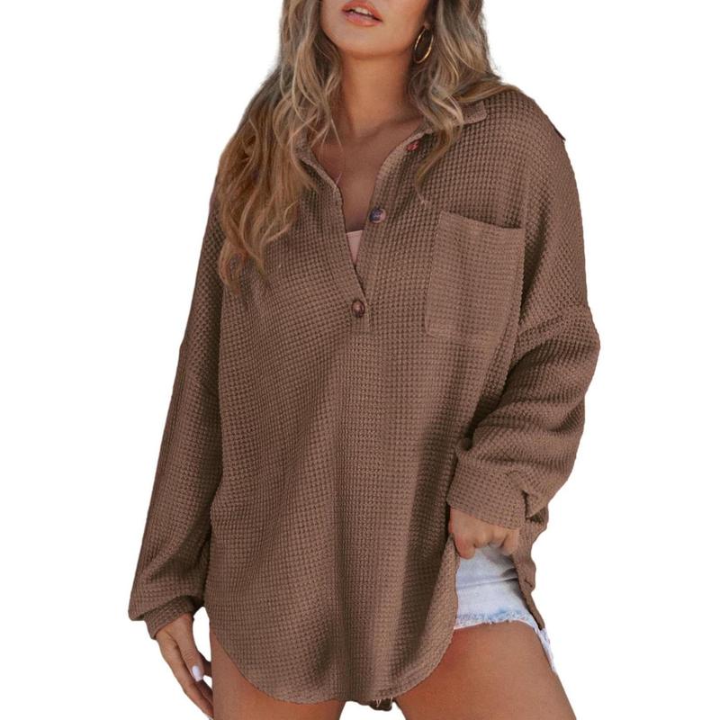 RHANNON™ - Casual Oversized Waffle V-Neck Long Sleeve Sweater