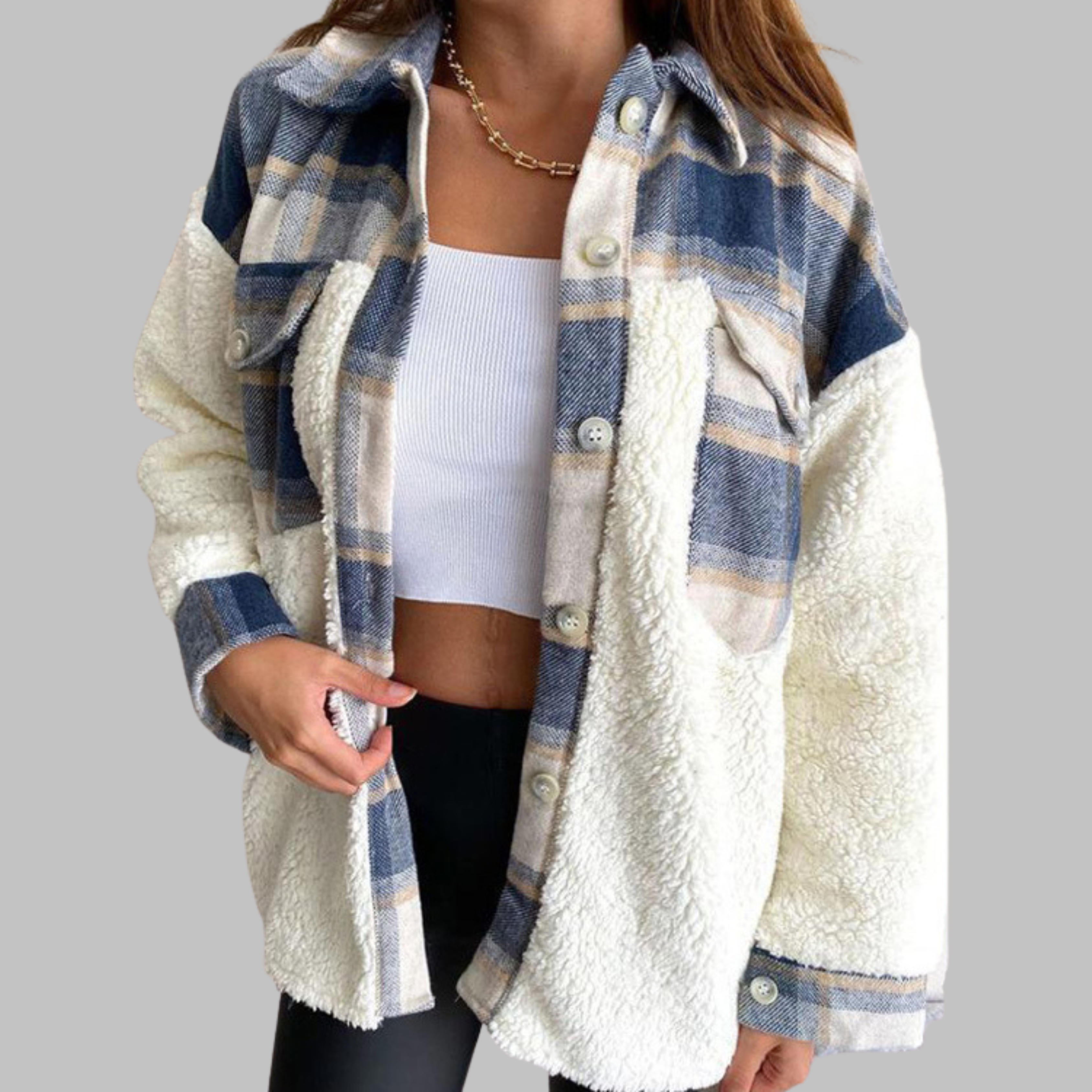 SUNNIE™ - Cozy Long Sleeve Button Down Checkered Jacket