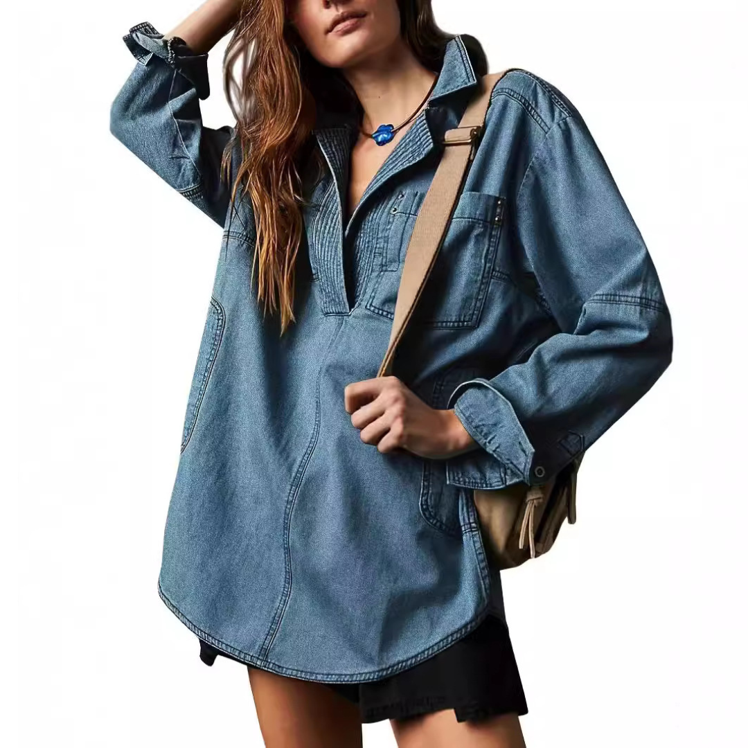 NALINAE™ – Chic V-Neck Denim Tunic Top