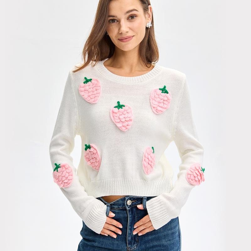 LANIE™ - Adorable Strawberry Embellished Long Sleeve Sweater