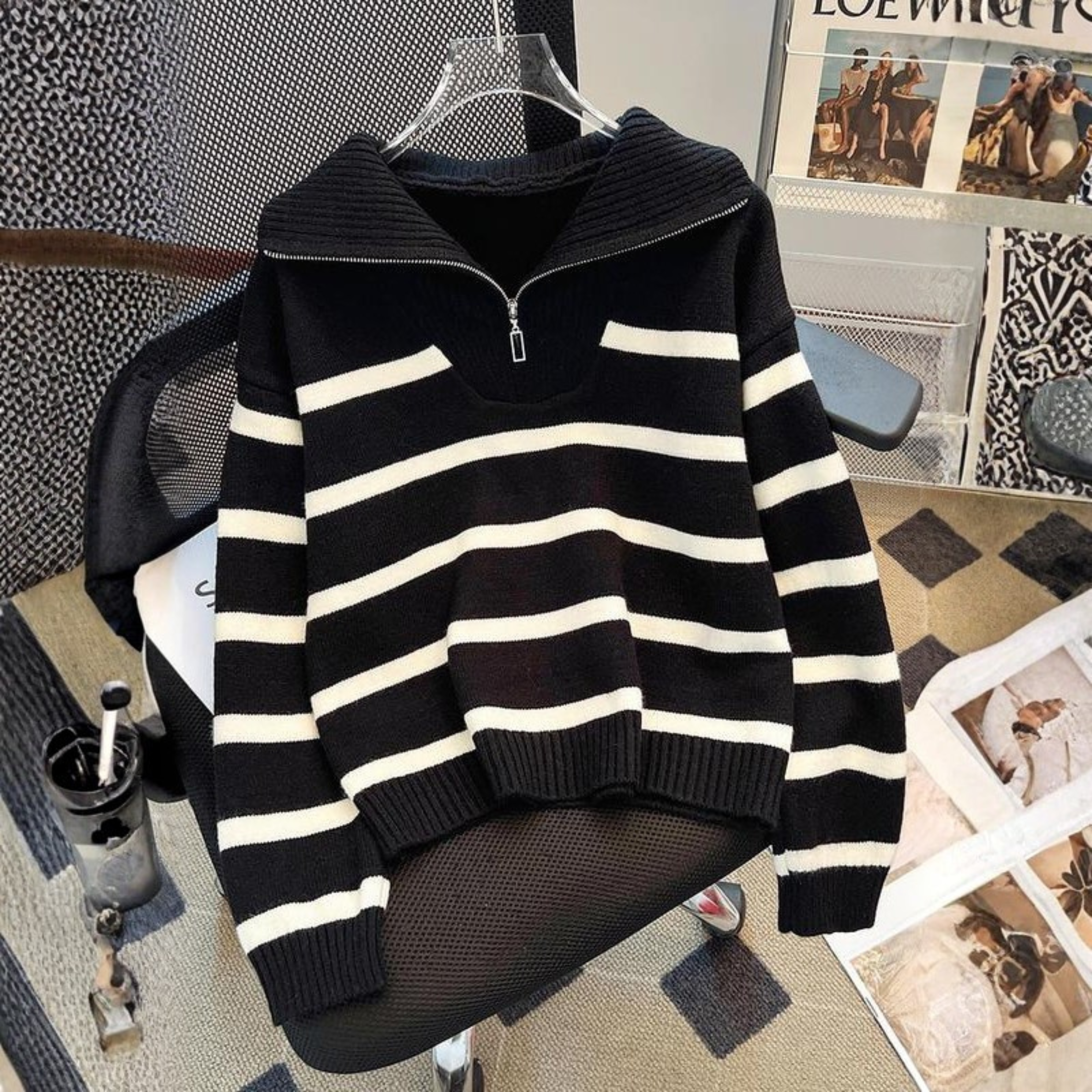 NEVAEH™ - Chic Striped Long Sleeve Collared Top