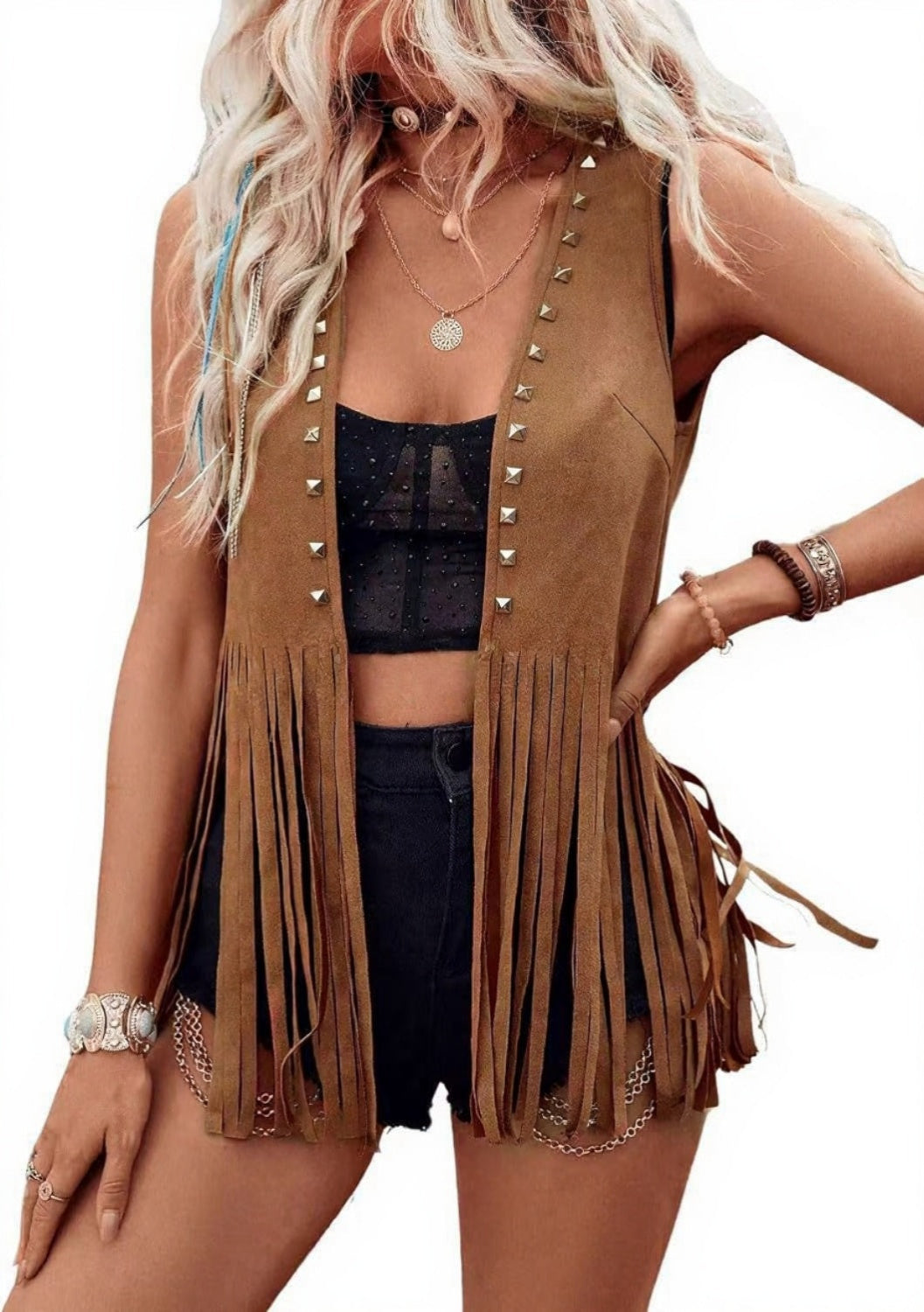 DHARNA™ – Casual Open-Front Sleeveless Fringe Vest