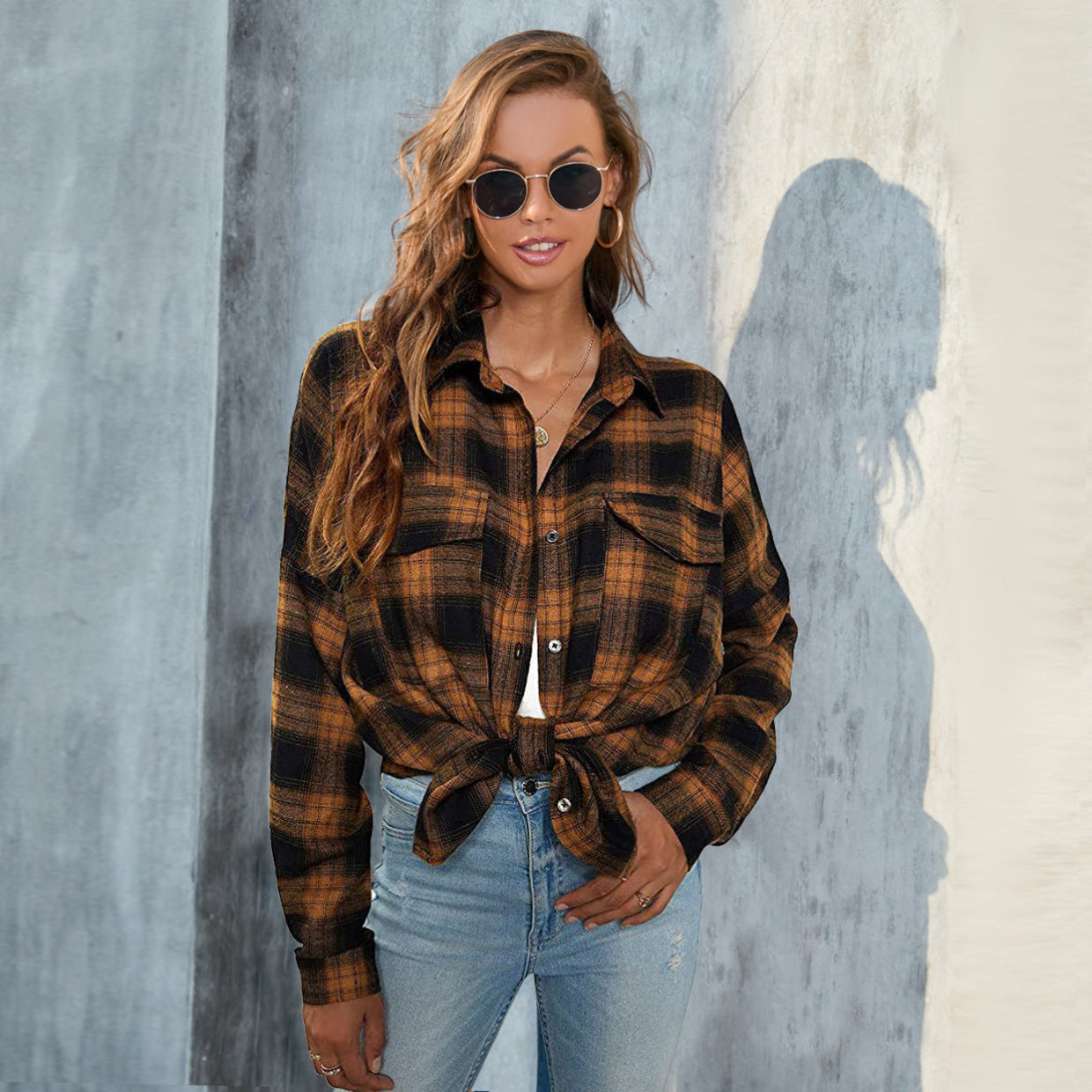TORI™ - Vintage Plaid Button Down Long Sleeve Blouse