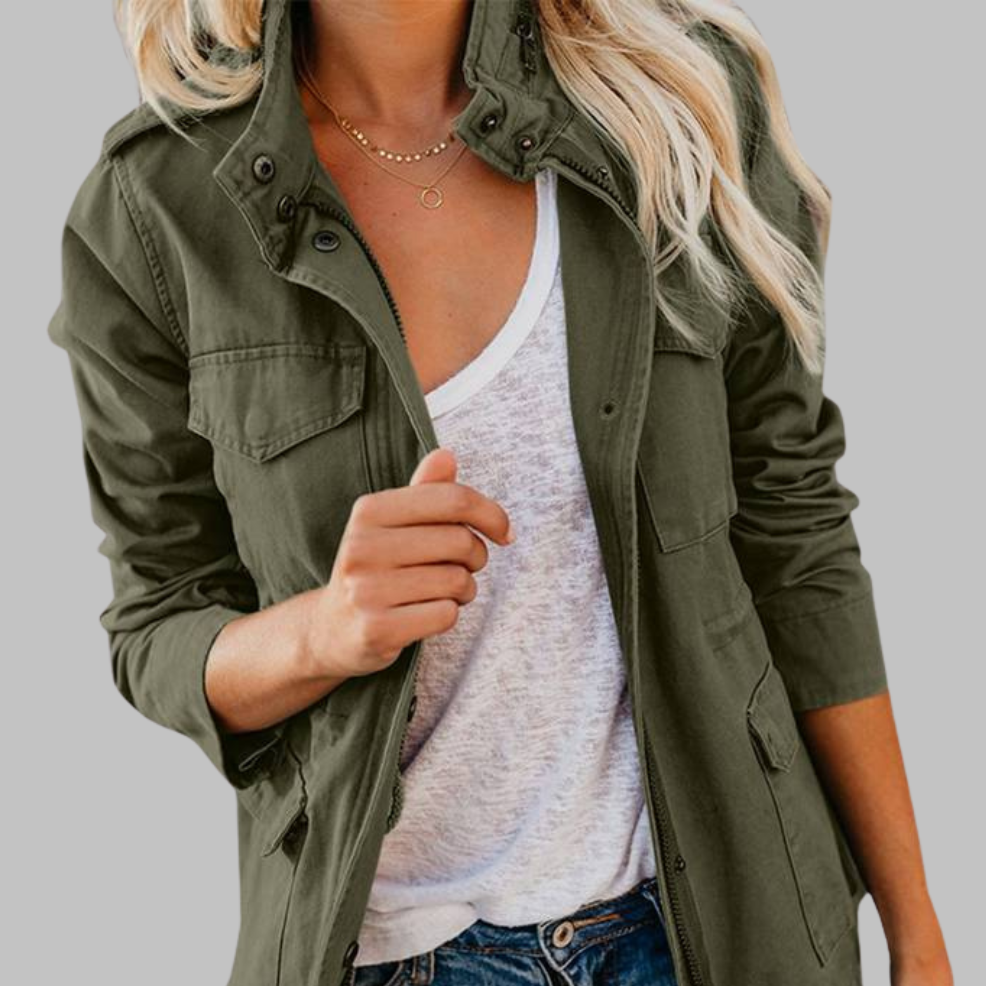 OLGA™ - Vintage Zip Up Button Military Jacket