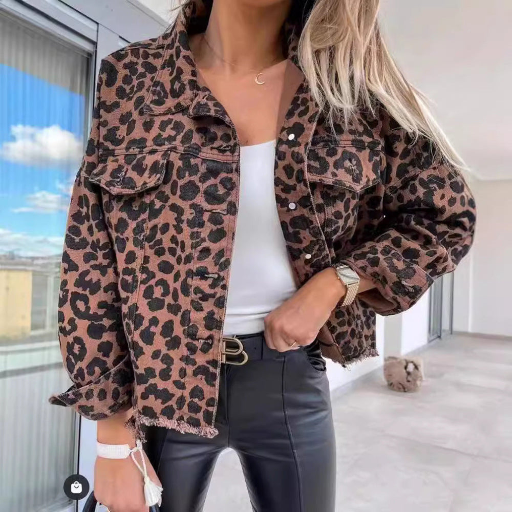 REEVA™ - Vintage Leopard Long Sleeve Button Down Jacket